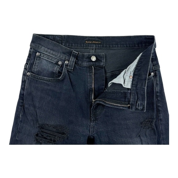 Nudie Organic Cotton Black Distressed Destroyed Cropped Fray Mens Jeans 33x26 - Picture 4 of 7